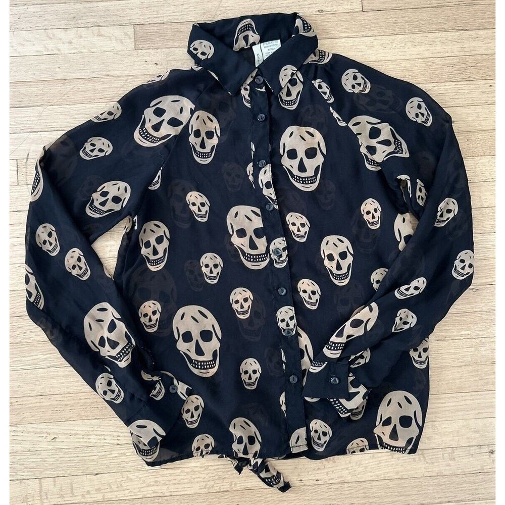 Kate Collection Skull Blouse Sz. Womens Small Black & Tan
